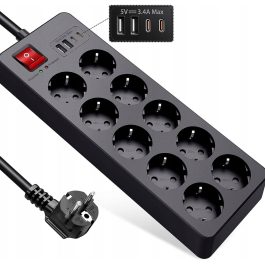 LISTWA ANTYPRZEPIĘCIOWA ZASILAJĄCA 14w1 4000 W ! OCHRONNA 10 GNIAZD + 4 USB